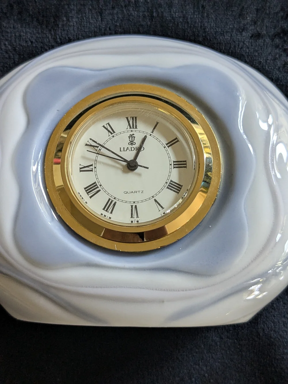 Lladro Gray Marble-Effect Porcelain Mantel Clock with Gold Bezel